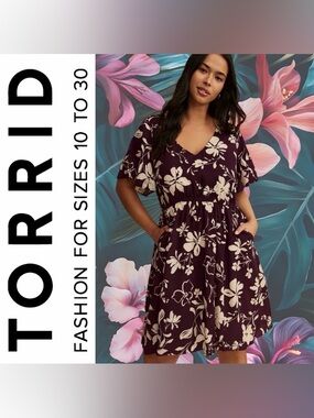 Torrid Kiana Winter Bloom Burgundy Floral Challis V-Neck Mini Dress, Large, NEW!